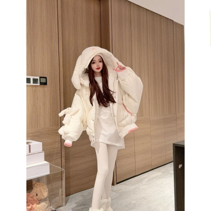 White Rabbit Cotton-Padded Jacket for Women, Winter Batwing Sleeve Cute Bear Cotton Coat, Women's Winter Cotton-Padded Outerwear White Rabbit Cotton-Padded Jacket for Women, Winter Batwing Sleeve Cute Bear Cotton Coat, Women's Winter Cotton-Padded Outerwear
