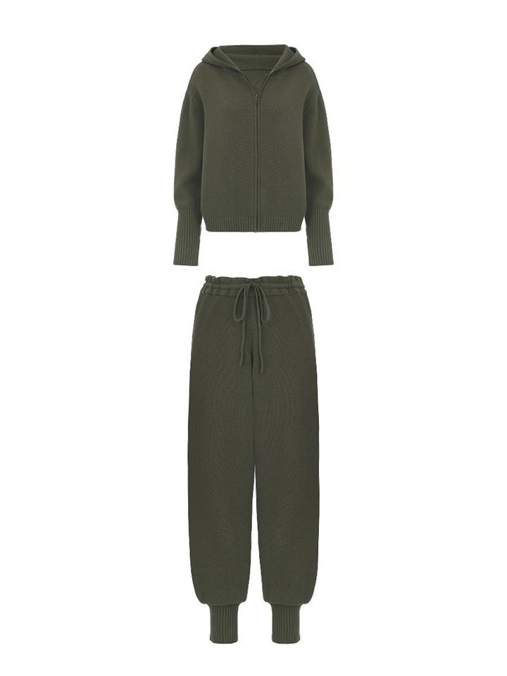Bộ áo cardigan dệt kim có mũ khóa kéo dáng rộng kèm quần ống ôm cotton — Màu cà phê, Màu trắng, Màu xanh dương, Xanh lá cây chi tiết 29
