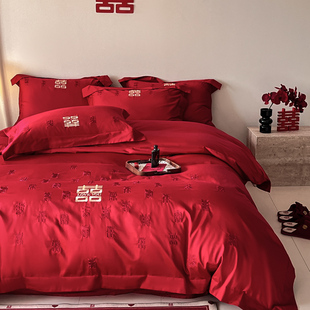 ◖ New Chinese Style Wedding Four-Piece Set Red Nantong Home Textile Wedding Quilt for New Wedding Bed