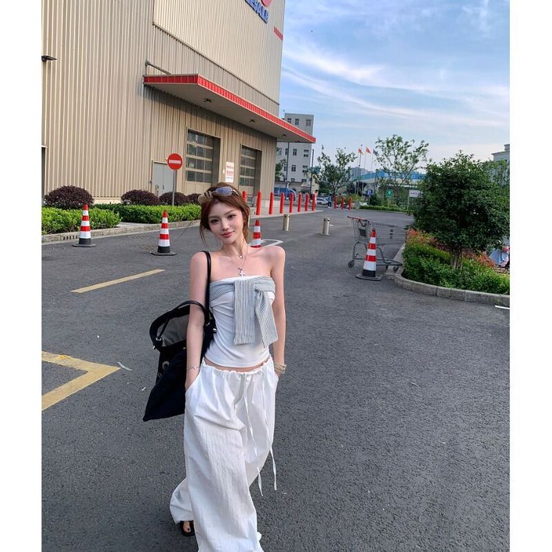 Summer American Niche Hot Girl Striped Splicing Tube Top Women's Strappy Design Slimming Short Top