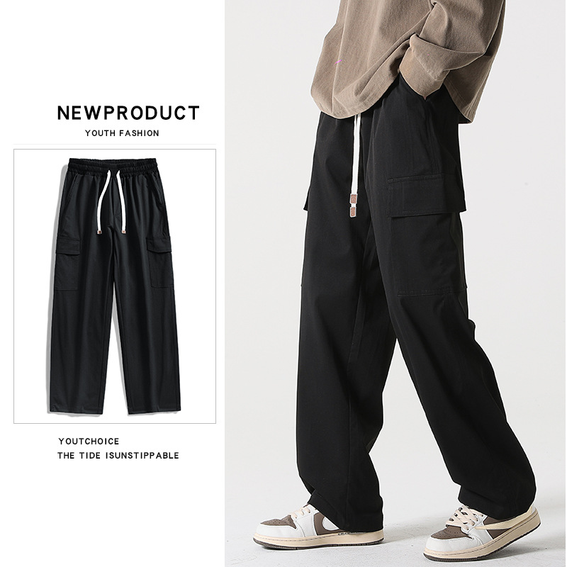 Pantalones rectos pantalones de pierna ancha para hombres primavera y otoño color sólido ropa de trabajo multibolsillos pantalones sueltos casuales de manga larga sensación de drapeado de moda