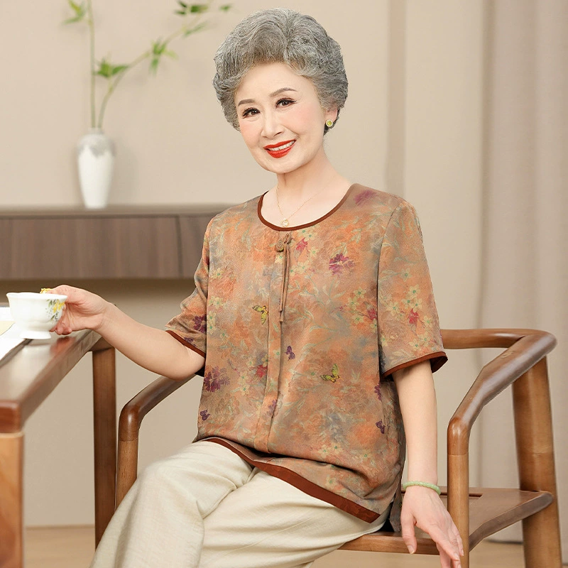 Среднее и старое летнее платье женская рубашка с короткими рукавами бабушка набор пожилая женщина пожилая одежда пожилая мама летняя рубашка