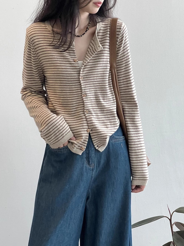 原版质量 温柔韩系条纹圆领针织开衫外套女春秋别致长袖外搭上衣|undefined