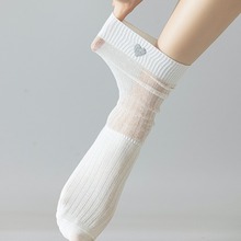 春夏季薄款MlU系堆堆竖条刺绣爱心袜子女学院中筒袜