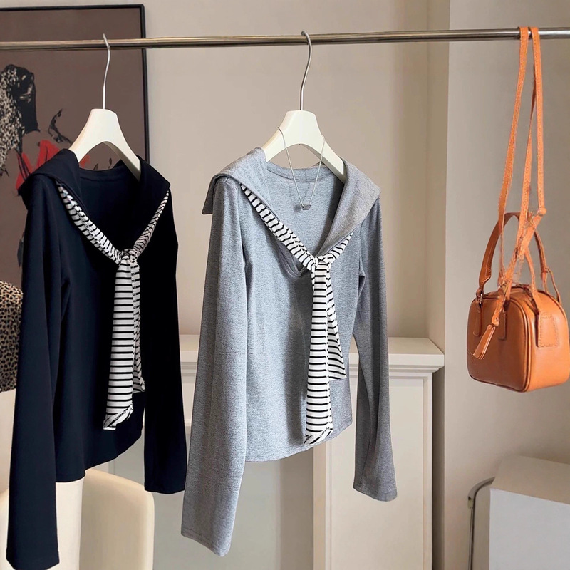 College Style Navy Blue Navy Collar Long-Sleeved T-Shirt for Women in Autum Slim Stripesd Bottoming Shirt Slimming Look Inner Top for Women