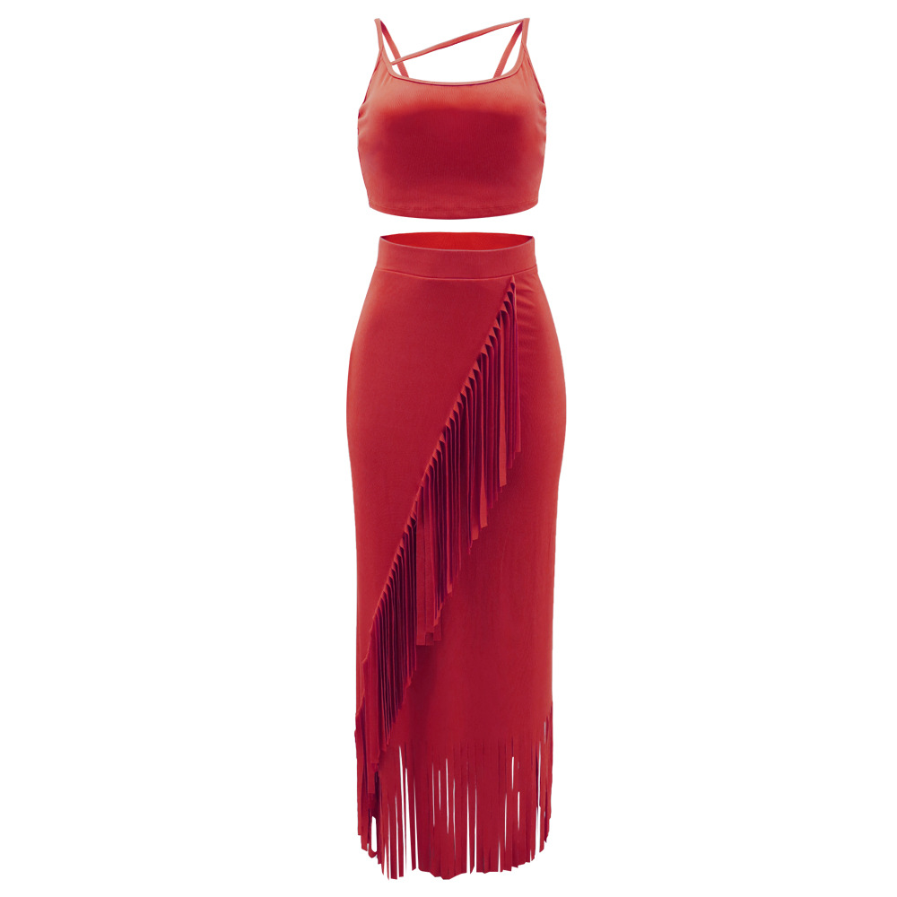 Sleeveless Cropped Short Vest Small Pit High Waist Tassel Dress Two Piece Set