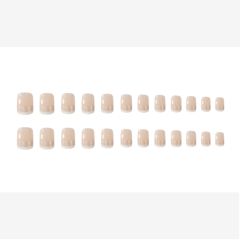 Polvo brillante desnudo bordes blancos franceses para usar uñas cortas, uñas dulces y delicadas, 24 piezas de parches de uñas terminados
