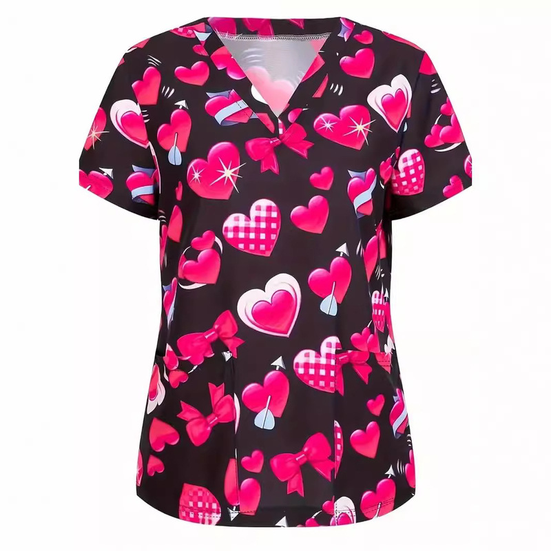 Love Butterfly Machine Printed V Neck Stretch Nurse Uniform Casual Short-Sleeved Patch Pocket Medical Uniform Temu Sale