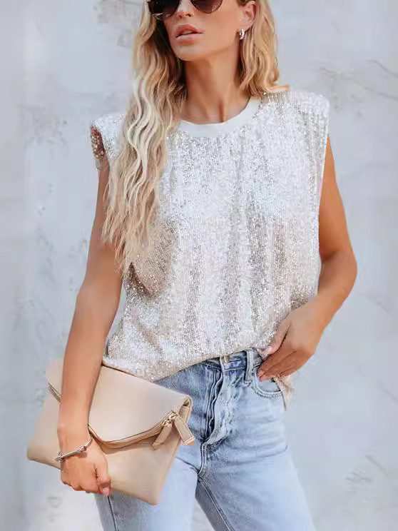 2025 Europa y los Estados Unidos nuevo Amazon Europa y los Estados Unidos nuevo colgar sequinilla suelta cuello en V sin mangas sequinilla casual profunda V-holling