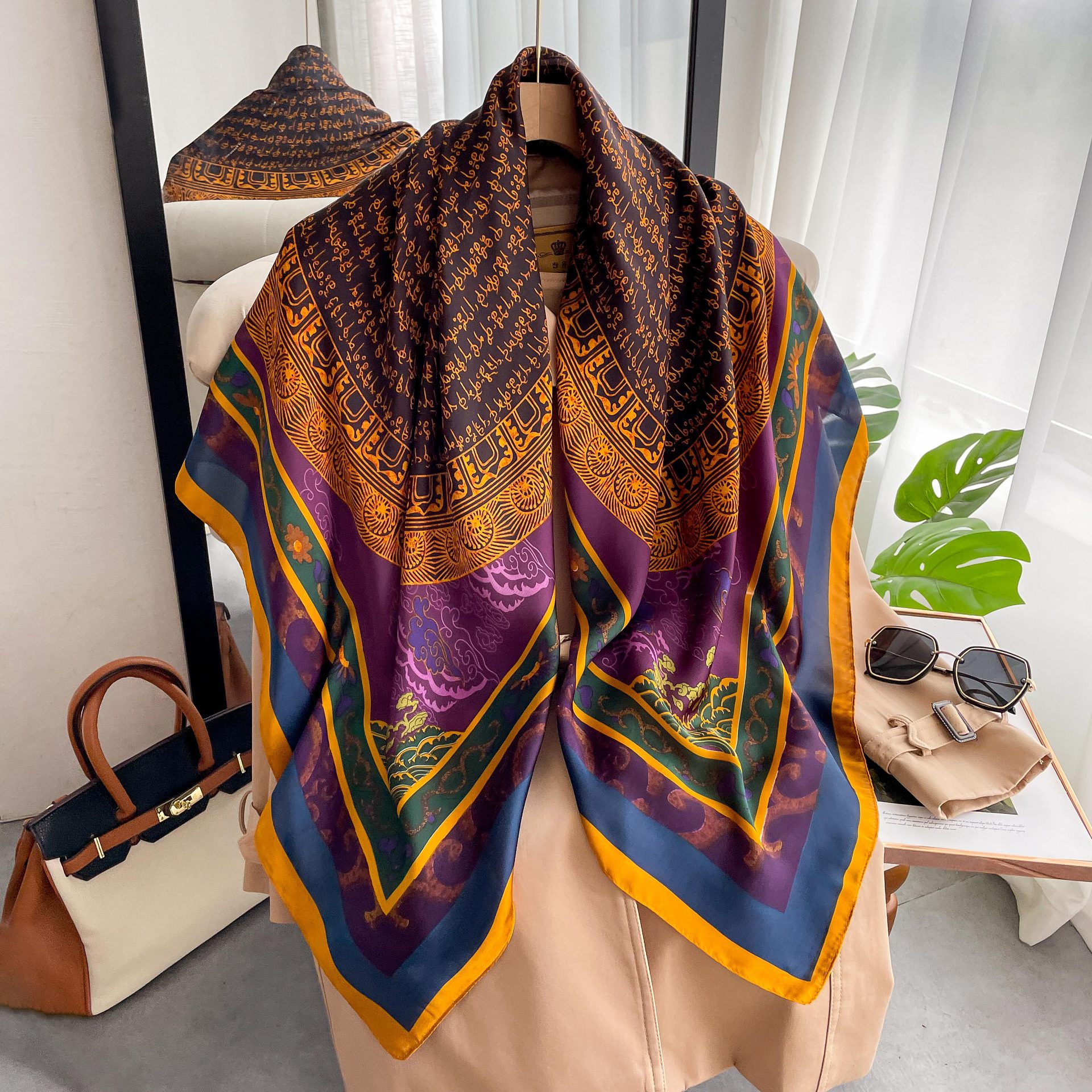 Long Silk Scarf For Women Beach Sun Protection Shawl Patterned_voghion.com