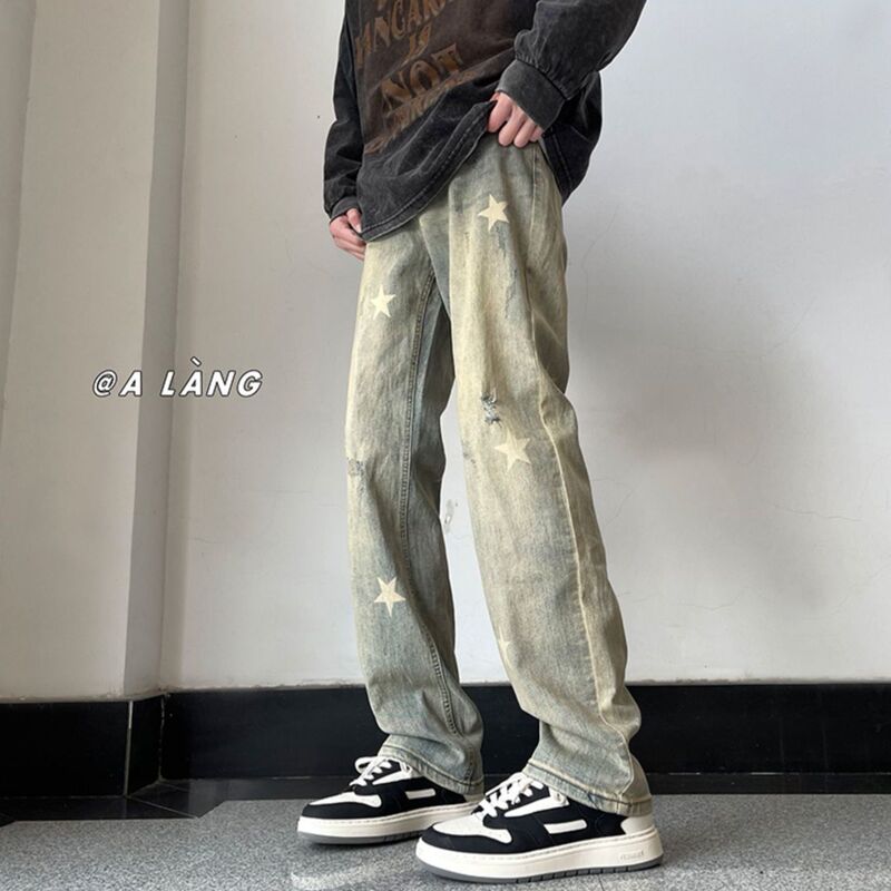 Loose Straight-Leg American High Street Ripped Summer Street Style Cool Men's Jeans Star Wasteland Style