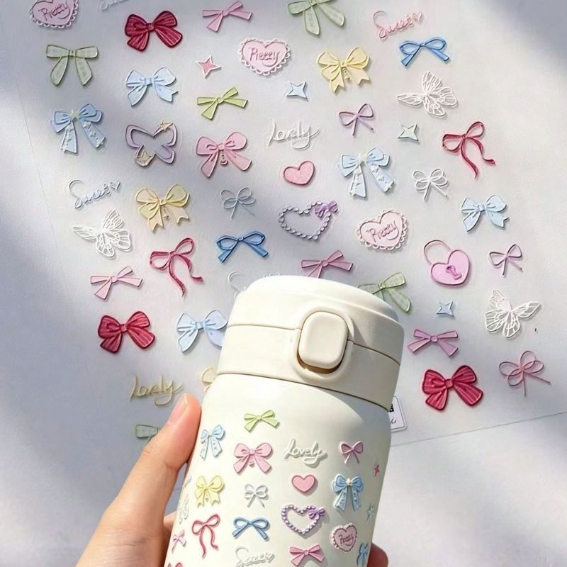 New cross-border colorful bow-decorated water cup stickers, self-adhesive embossed exquisite and cute creative decorative decals