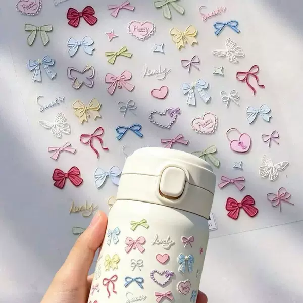 New cross-border colorful bow-decorated water cup stickers, self-adhesive embossed exquisite and cute creative decorative decals
