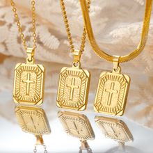 外贸出口热销时尚简约钛钢18k真金电镀方牌十字架吊坠不锈钢项链