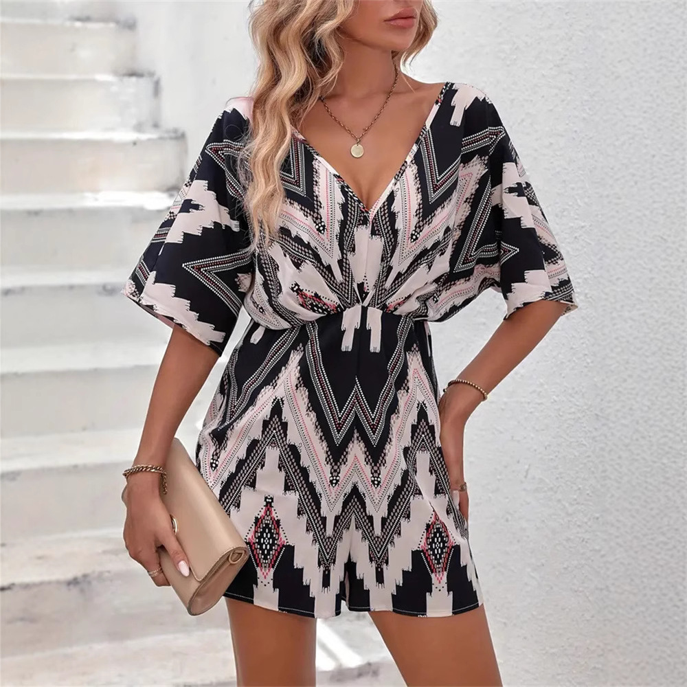 Cross-Border Export Women's Printed V Neck One-Piece Sleeves Loose Version with Back Strap Bow Jumpsuit Shorts Top for Women