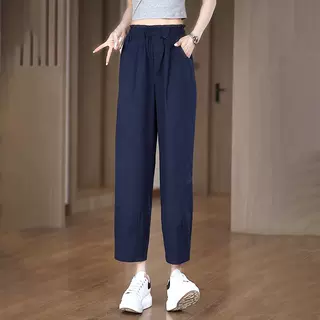 松紧腰花苞阔腿休闲裤女2026夏季新款宽松显瘦小个子薄款九分裤潮