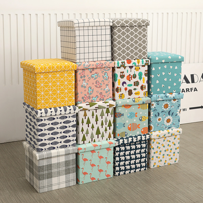 Multifunctional children's toy foldable cotton linen storage stool, household small seating storage stool factory wholesale