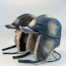 新款牛仔毛绒雷锋帽户外加厚保暖滑雪飞行帽冬时尚防寒复古护耳帽