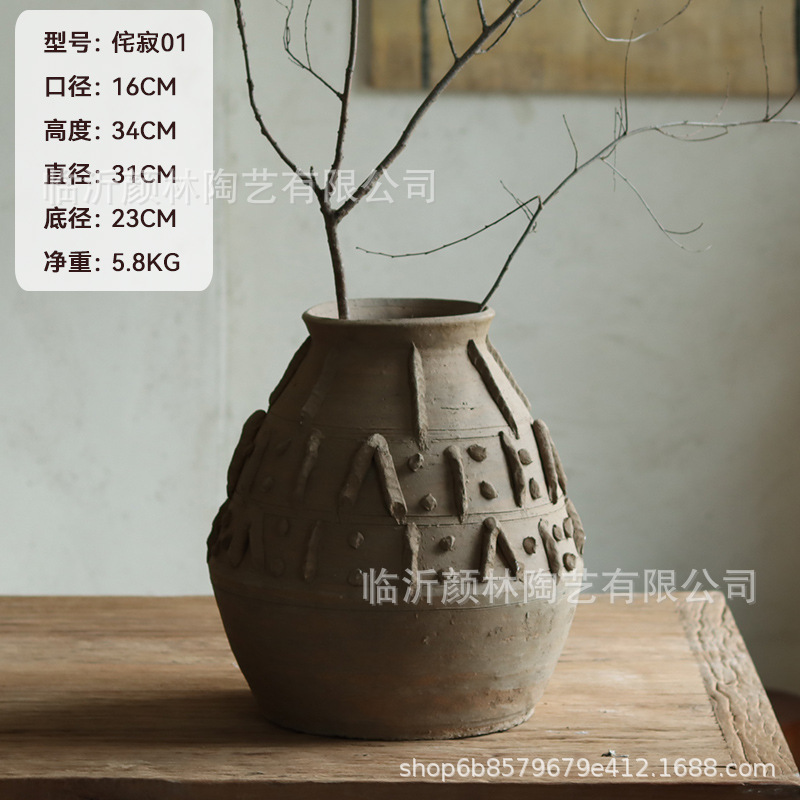 Ornamentación de vasijas de flores de viento tranquilo, vasijas de cerámica antiguas hechas a mano, vasijas de cerámica decorativas blandas, vasijas de flores secas, vasijas de cerámica decorativas residenciales