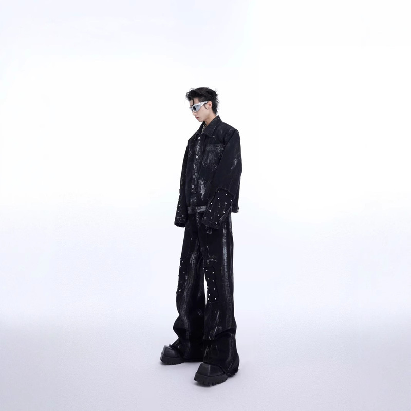 2024 Jacket Niche Metal Rivet Design Denim Jacket suit Heavy Hand-Painted Old Weak Jeans