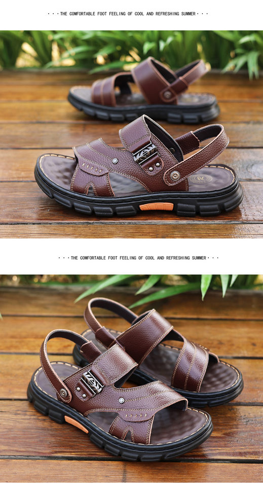 Dép sandal nam da bò đế dày chống trượt kiểu mới mùa hè, dép lê hở ngón mũi tròn — Màu nâu, màu đen chi tiết 22