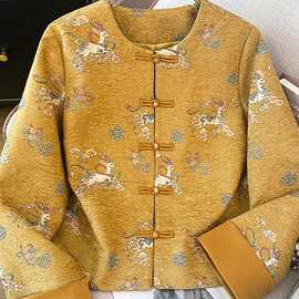 新中式国风盘扣圆领短款外套2025新款秋冬复古唐装刺绣汉服外套女