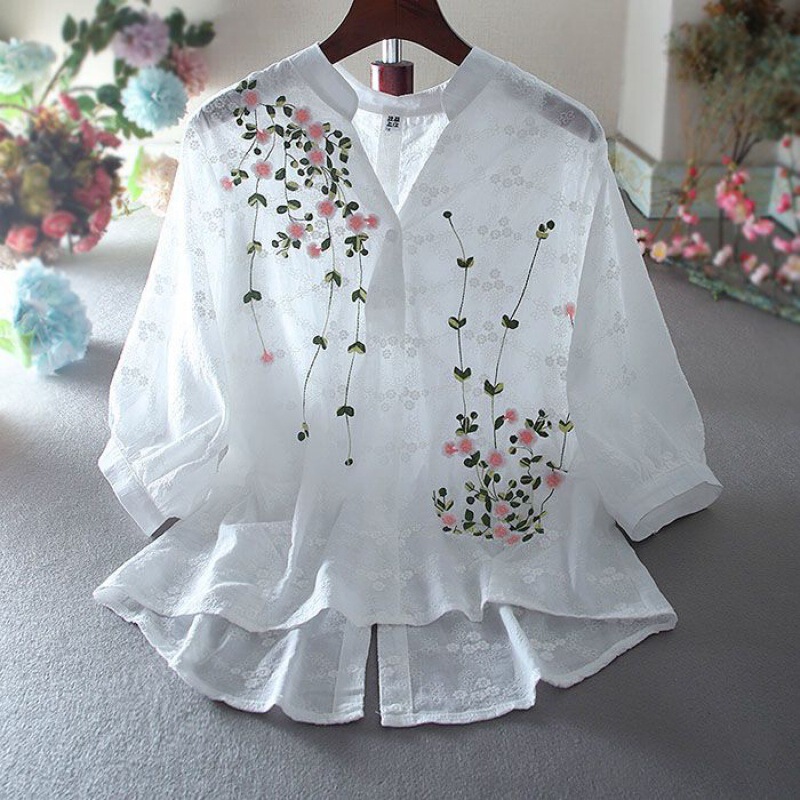 Fashion Literary Pastoral Lace Embroidery Bud Pure Cotton Summer Design Short Front Long Back Temperament Shirt Women Top Fashion Literary Pastoral Lace Embroidery Bud Pure Cotton Summer Design Short Front Long Back Temperament Shirt Women Top