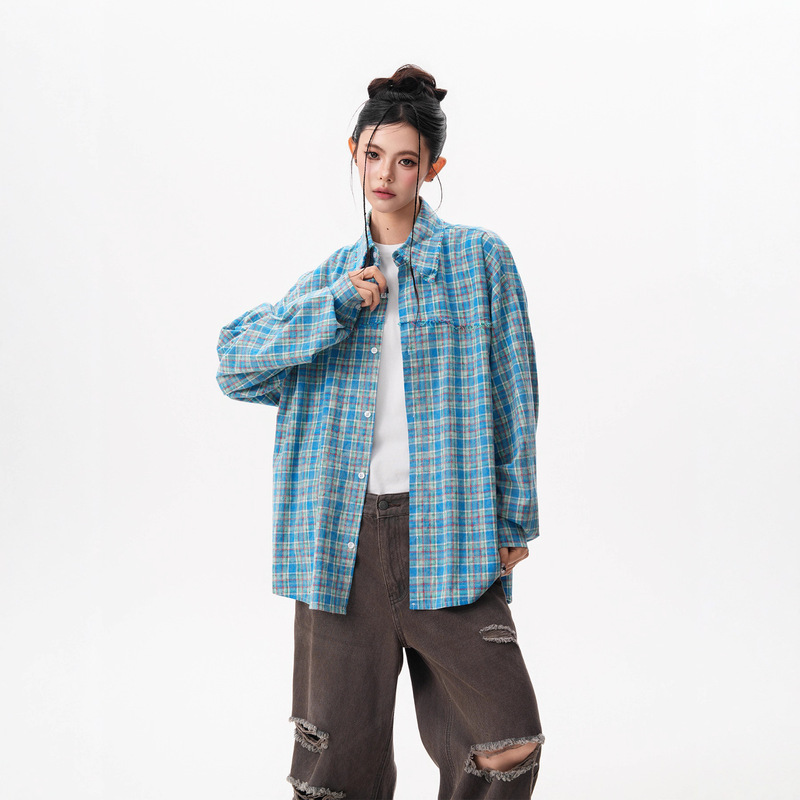 American Street Blue Plaid Shirt for Women and Men in Autum Retro Tassel Design Shirt Casual Couple Jacket Trendy