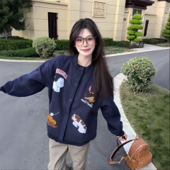 趣味卡通毛巾绣开衫卫衣女秋季韩系慵懒风宽松BF棒球服休闲外套潮