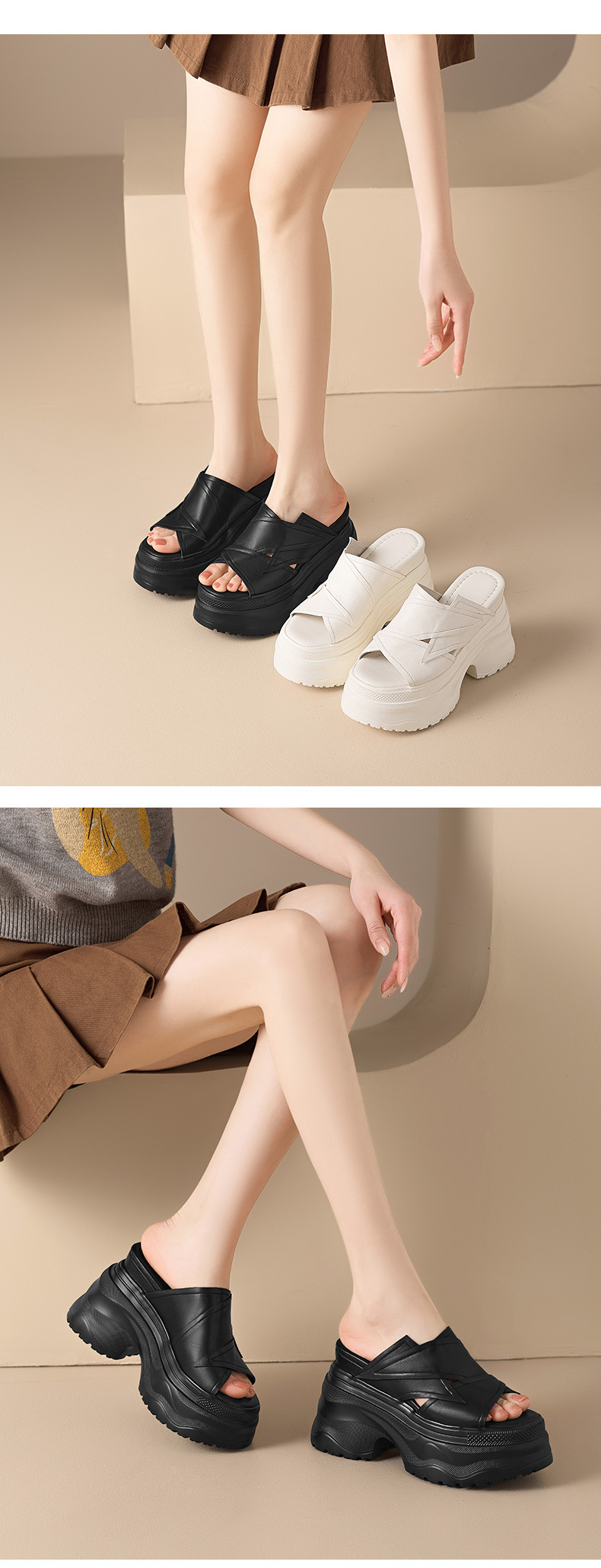 Dép sandal nữ quai ngang đế tăng 12 cm da bò mặt — màu đen, Trắng kem- chi tiết 5
