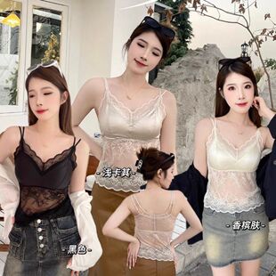 2025 Popular Lace Satin Sexy Beautiful Back Suspender Integrated Breast Pad Pure Desire Slimming Bottoming Sexy Long Vest