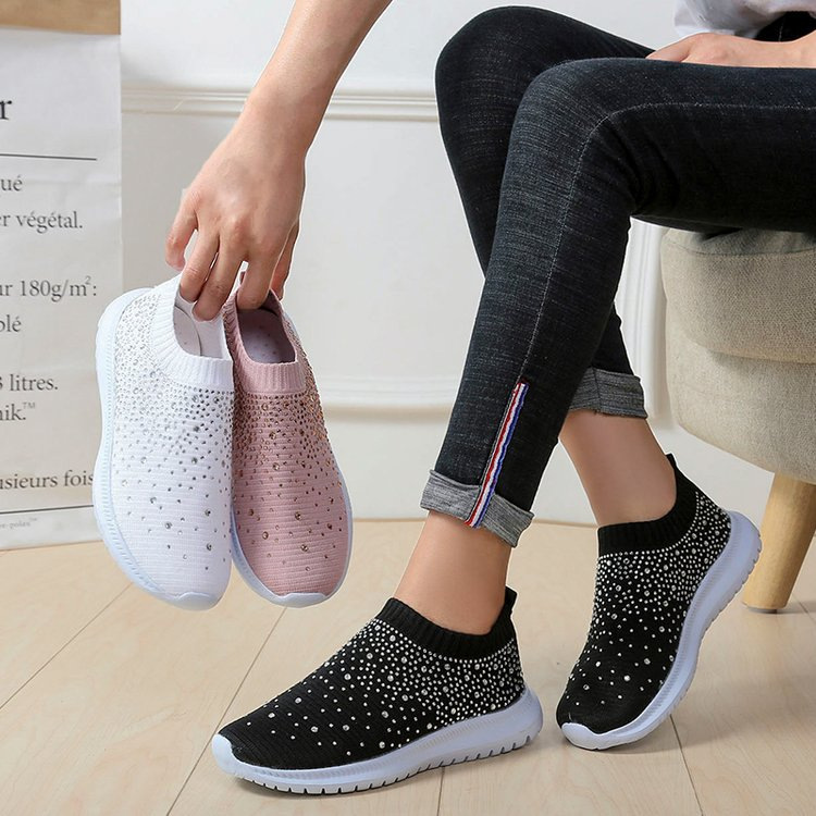 2025 New Foreign Trade Casual Breathable Rhinestone Running Shoes Large Size Fly Knitted Shoes Mesh Women's Trendy Sports Shoes