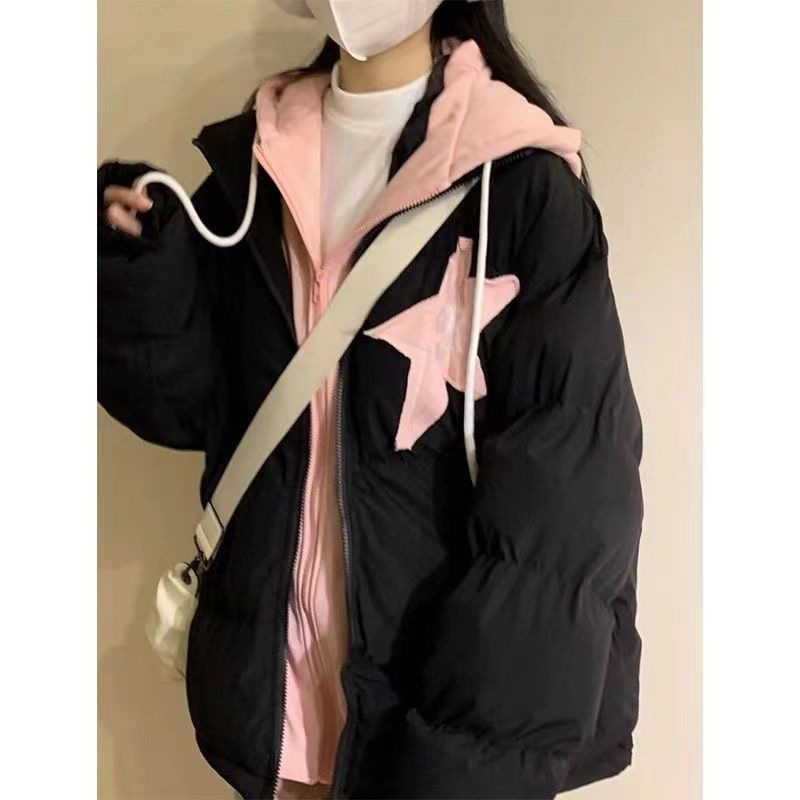 Falso de dos piezas de estilo americano retro estrellas pegado chaqueta de algodón con capuzas de invierno suelta nicho sentido de diseño