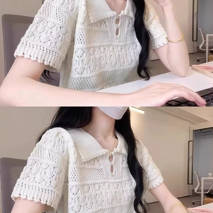 Женская летняя футболка с короткими рукавами и полым воротником-поло, новый стиль 2025 года, топ с талией в чайном стиле