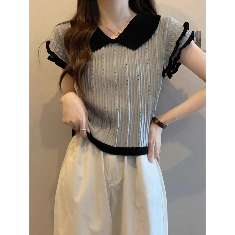 New Doll Collar Small Flying Sleeve Knitted Short-Sleeved Women's T-Shirt Cut Out Lapel Age-Reducing Design Top Thin A3934
