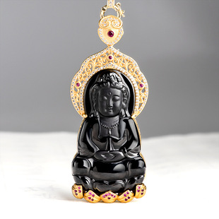 Natural jadeite A goods Guanyin pendant S925 silver inlaid ink Jade jade pendant high-grade atmosphere men's and women's wholesale