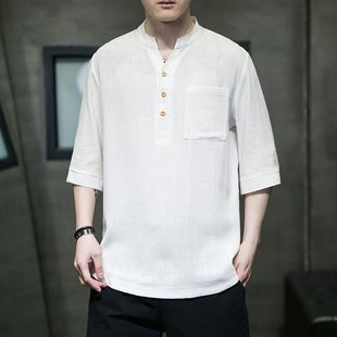 Summer New Chinese Style Men's Retro Thin Cotton and Linen Quarter-Sleeved T-Shirt Loose Breathable Linen Half-Sleeved T-Shirt for Men