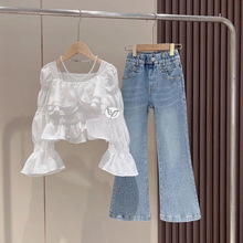 女童春秋套装中大童2025新款宫廷泡泡袖上衣烫钻牛仔裤二件套潮款