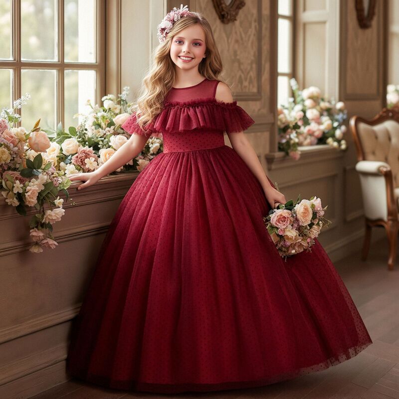 Cross-Border Hot-Selling One-Line Off-Shoulder Lace Mesh Princess Dress Long Flower Girl Piano Performance Evening Dress