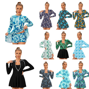 Cross-border New Conservative Printed Three-piece Split Swimsuit Women's Foreign Trade Long-sleeved Flat-angle Skirt Tight High-waist Swimsuit