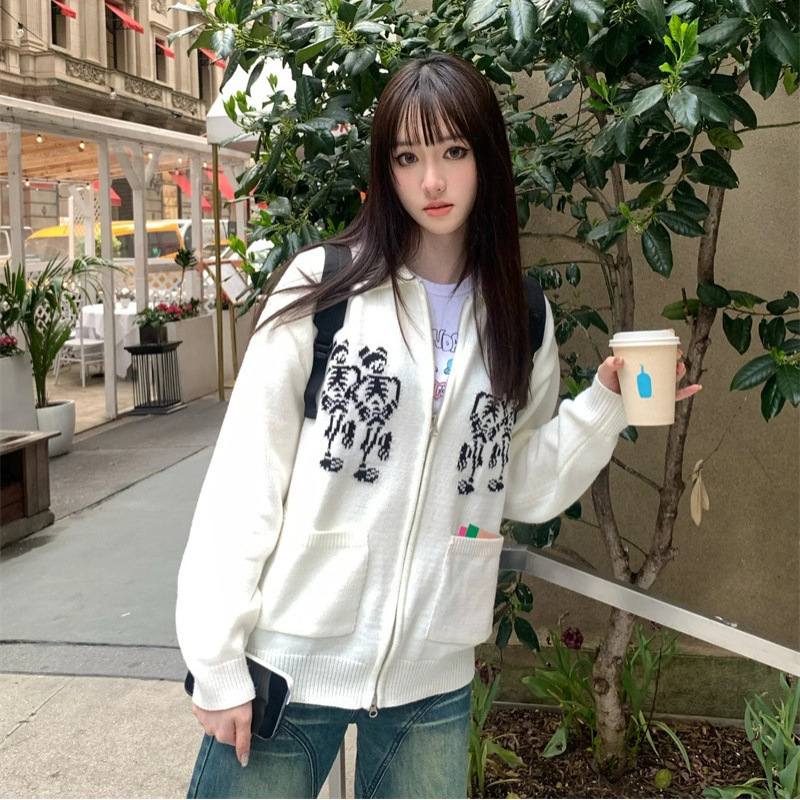 Jiang Haolin and Choi Soobin's Same Style Korean Niche Ngc Skull Zipper Knitted Cardigan Polo Collar Sweater Jacket for Women