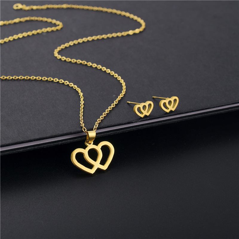 double love necklace and earrings set 18K gold stainless steel two-piece jewelry