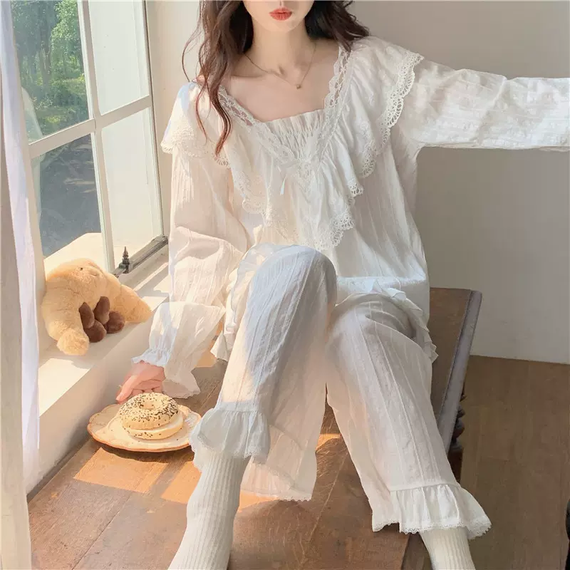 韩国ins女士秋季新品甜美蕾丝公主风全棉提花家居服长袖睡衣套装