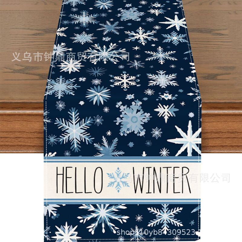 TEMU爆款冬季圣诞节桌旗雪花铃铛印花亚麻材质美式圣诞节装饰桌布|undefined