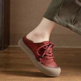 womens shoes复古风小白鞋女 圆头软底板鞋真皮头层牛皮女休闲鞋