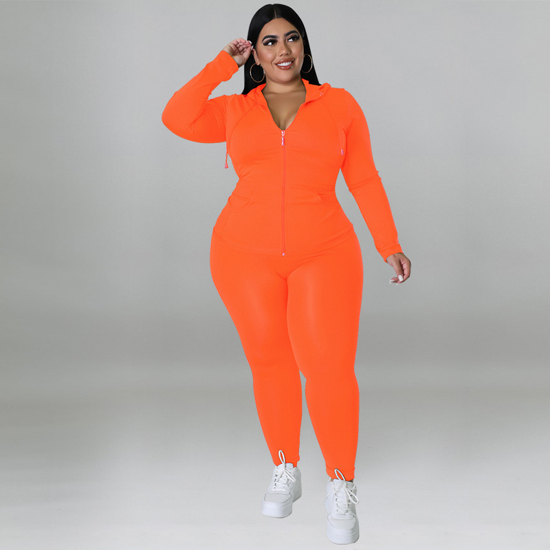 Plus Size Women's Clothing Solid Color Hooded Long Sleeve Fashion Casual Set Autumn Wear_ecoleips.com