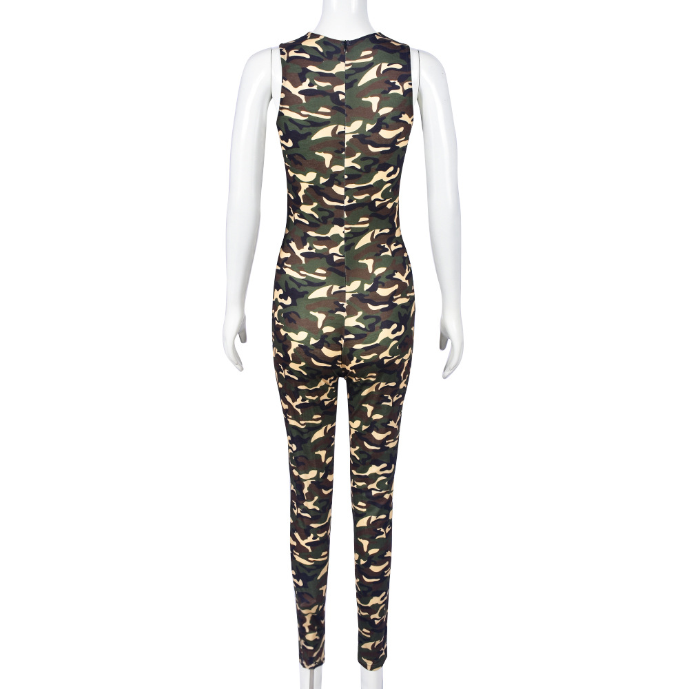 Autumn Winter Camouflage Sexy round Neck One Piece Sleeveless Long Tight Jumpsuit
