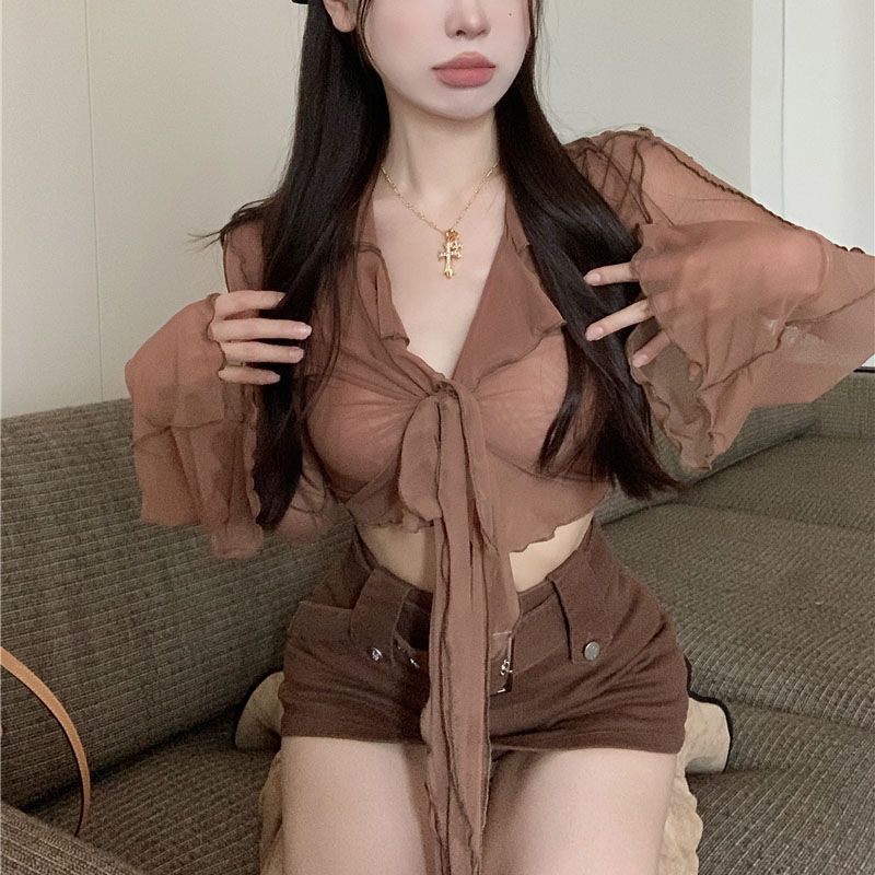 Spice Girls Long-sleeved Sunscreen Shirt Women's Summer Short Thin Sexy Design Niche French Brown V-neck Top