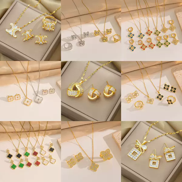 [suit] high quality Temperament Light Luxury Zirconium Heavy Industry Real Gold Electroplated Copper Micro Earrings Necklace suit Combination