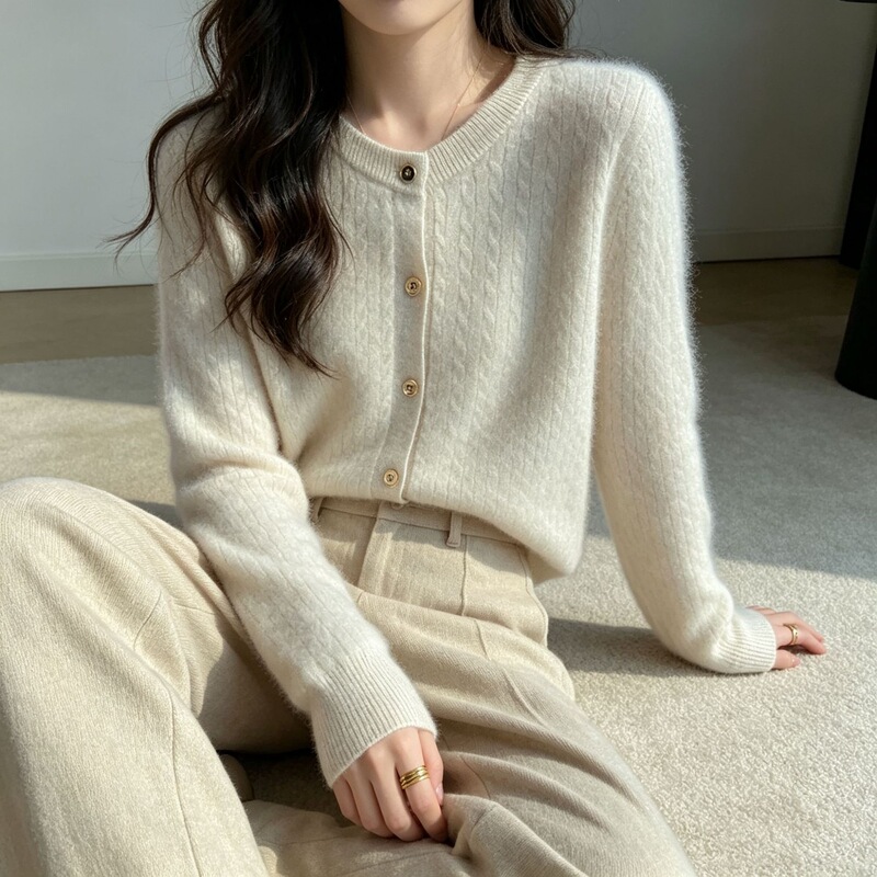New autumn and winter collection: 100% pure wool sweater, women's outerwear, round-neck cable-knit cardigan, sweater, outer layer, and base layer New autumn and winter collection: 100% pure wool sweater, women's outerwear, round-neck cable-knit cardigan, sweater, outer layer, and base layer